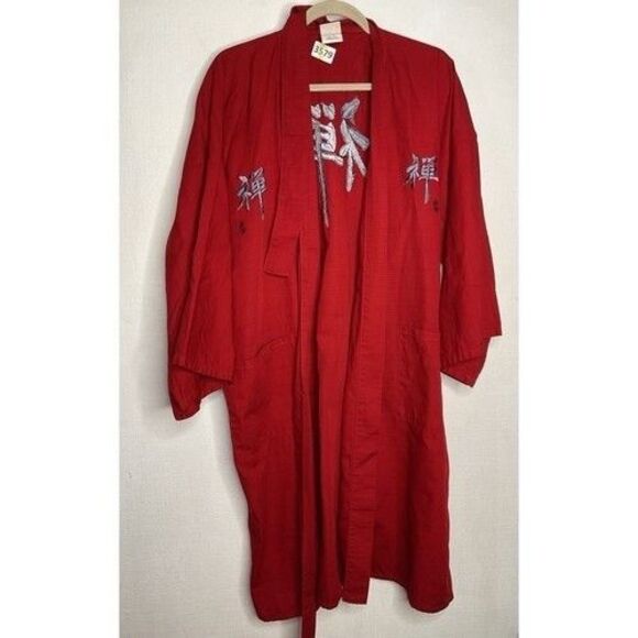 VTG NWOT Red Embroidered Oriental Traditional Kimono Robe Men Size XL 100% Cotto - Picture 1 of 13